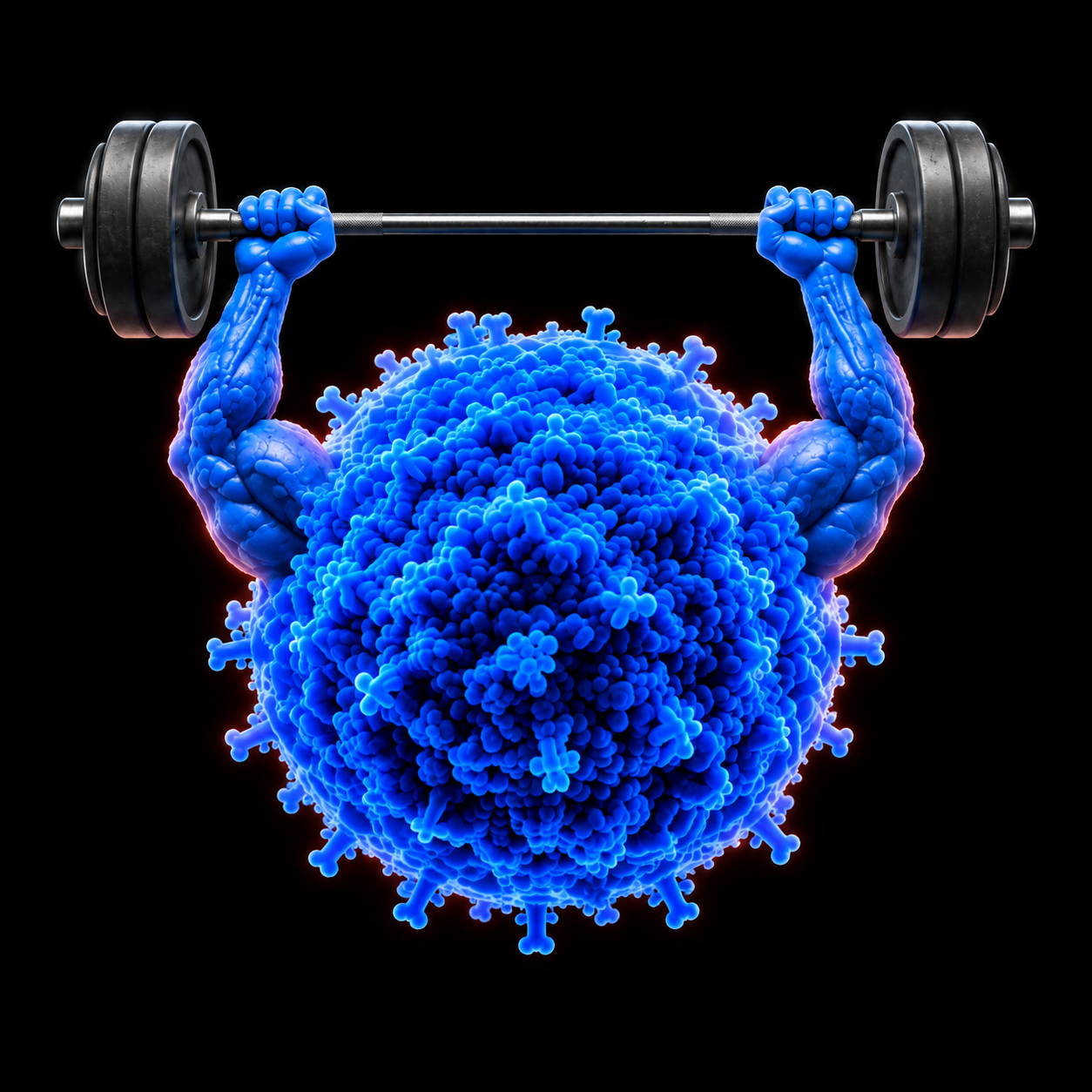 A blue cell lifting a barbell, illustrating increased activity.